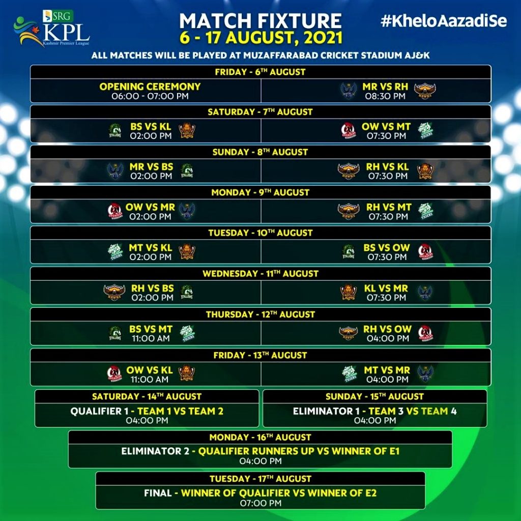 Kashmir Premier League KPL 2021 Matches Schedule